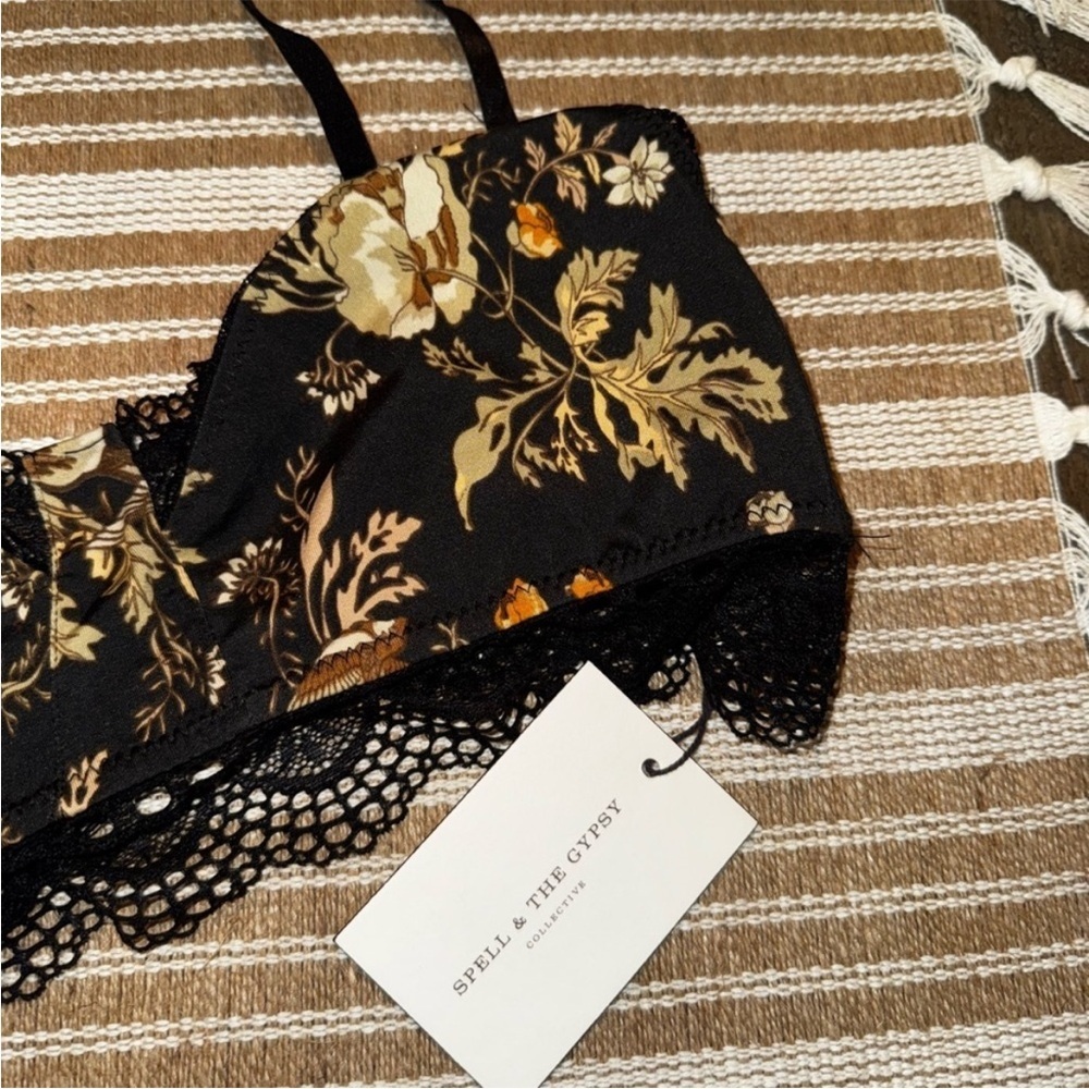 Spell & The Gypsy NEW Rosa Spanish Detail Floral Lace Bralette Black Coal Size L - Picture 3 of 7